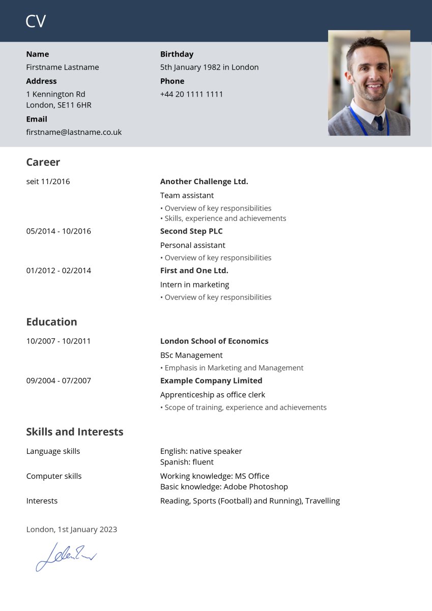 Blue & Green CV Example for Blue & Green CV