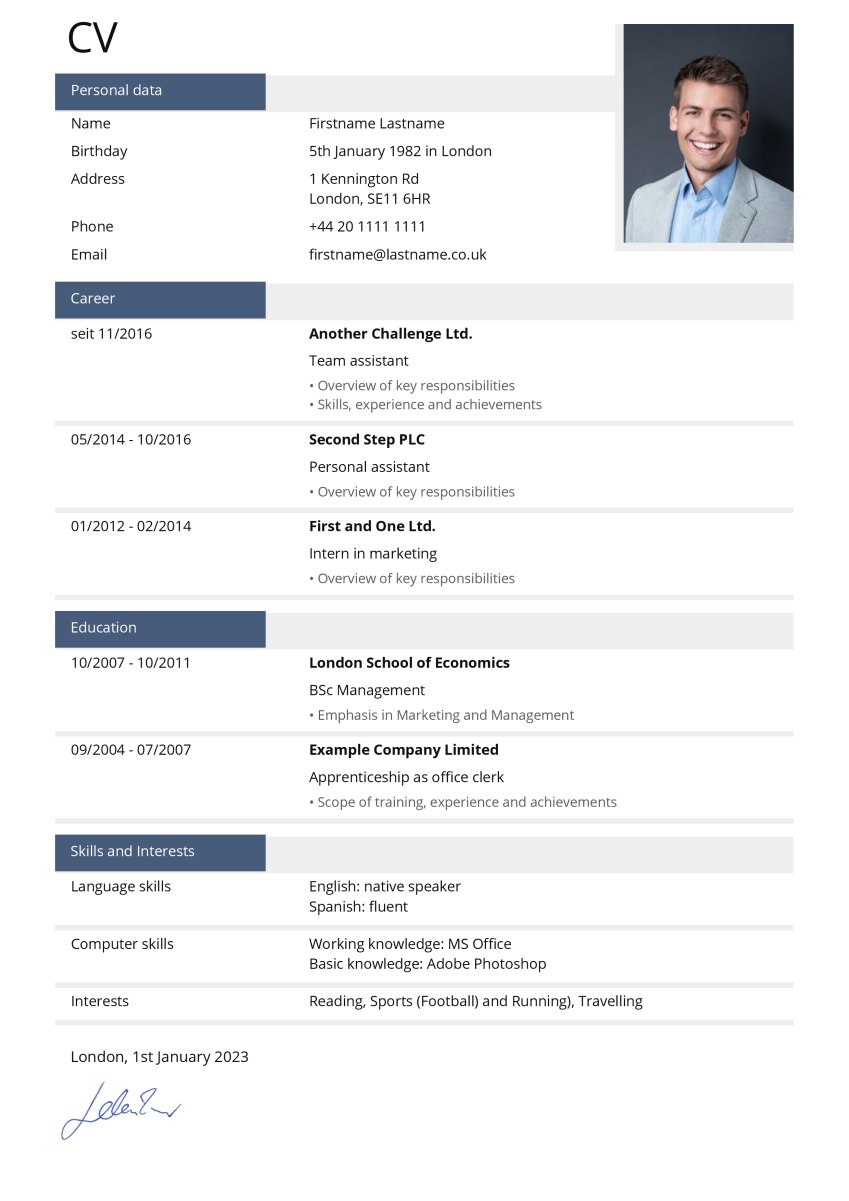 Clearly structured CV Example for Clearly structured CV
