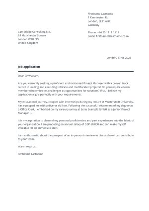 Cover letter example for CV with name box