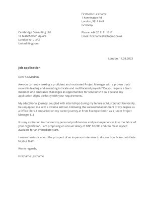 Cover letter example for CV with sidebar