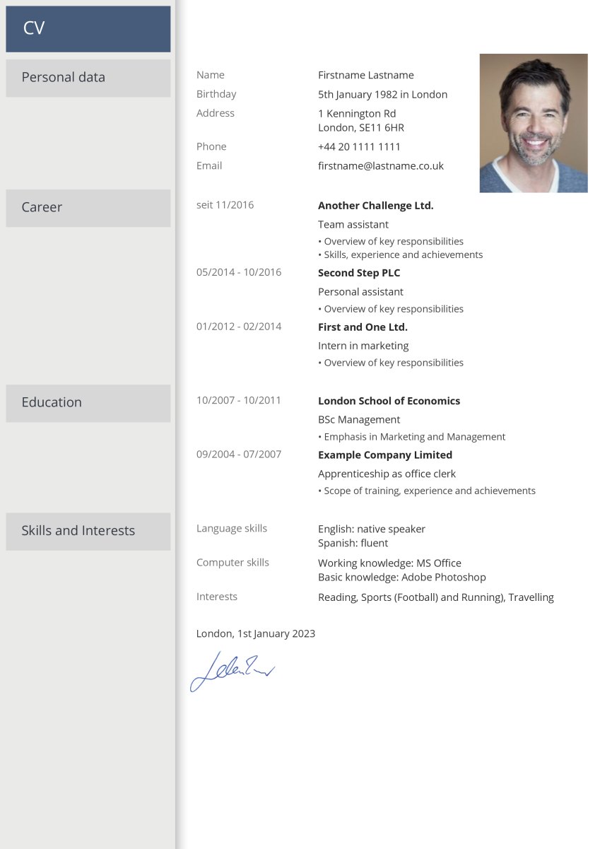 CV with sidebar Example for CV with sidebar